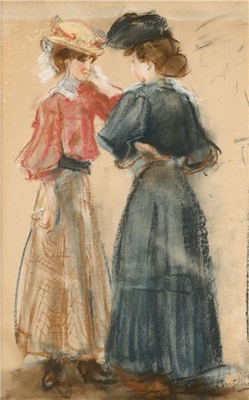 A sketch of two figures in period clothing interacting closely.