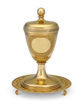 A HIGHLY IMPORTANT AND IMPRESSIVE RUSSIAN THREE-COLOR GOLD CUP, COVER AND STAND PRESENTED TO COUNT SALTYKOV