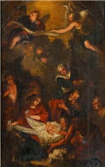 A dramatic Baroque-style painting depicting a religious scene with figures reaching toward a central light source.