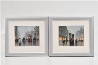 A diptych of atmospheric urban street scenes featuring trams and pedestrians on wet cobblestones.