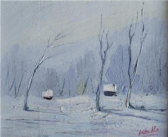A winter landscape painting featuring a snowy field with bare trees and distant structures.