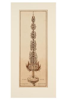 A vertical etching of an ornate, tall ceremonial staff with intricate floral details and a flared base.