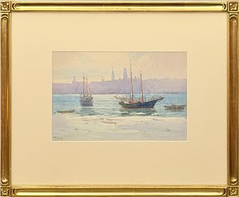 A serene watercolor seascape featuring sailing vessels against a distant city skyline.