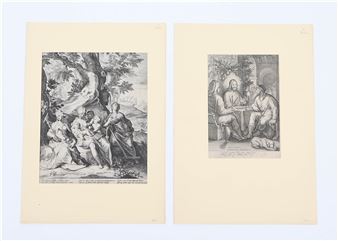 A diptych of classical black-and-white engravings depicting mythological or allegorical figures in natural settings.
