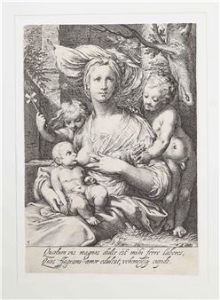 A classical engraving of a seated woman breastfeeding two infants in a garden setting.