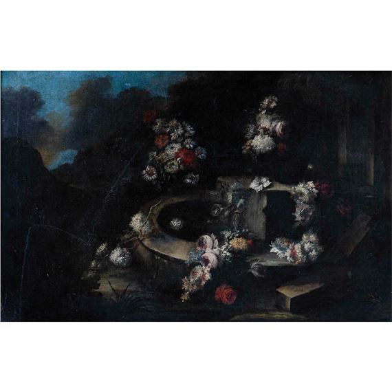 Flores en una fuente del jardín - Gasparo Lopez