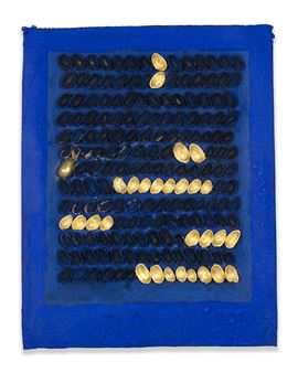 A geometric composition of black and gold seed-like shapes arranged in rows against a deep blue background.
