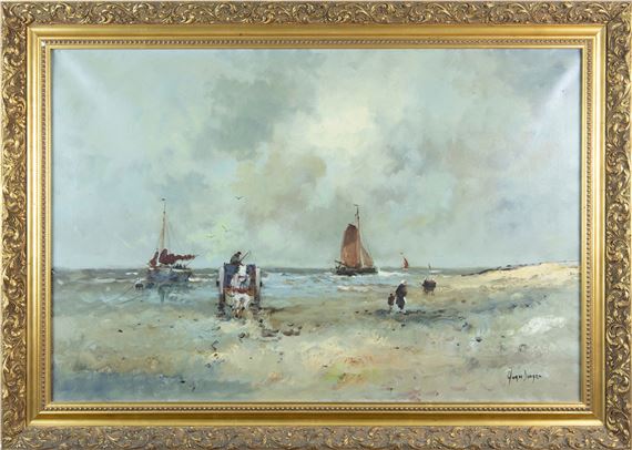 "A seascape painting depicting a beach with boats and figures under an overcast sky."
