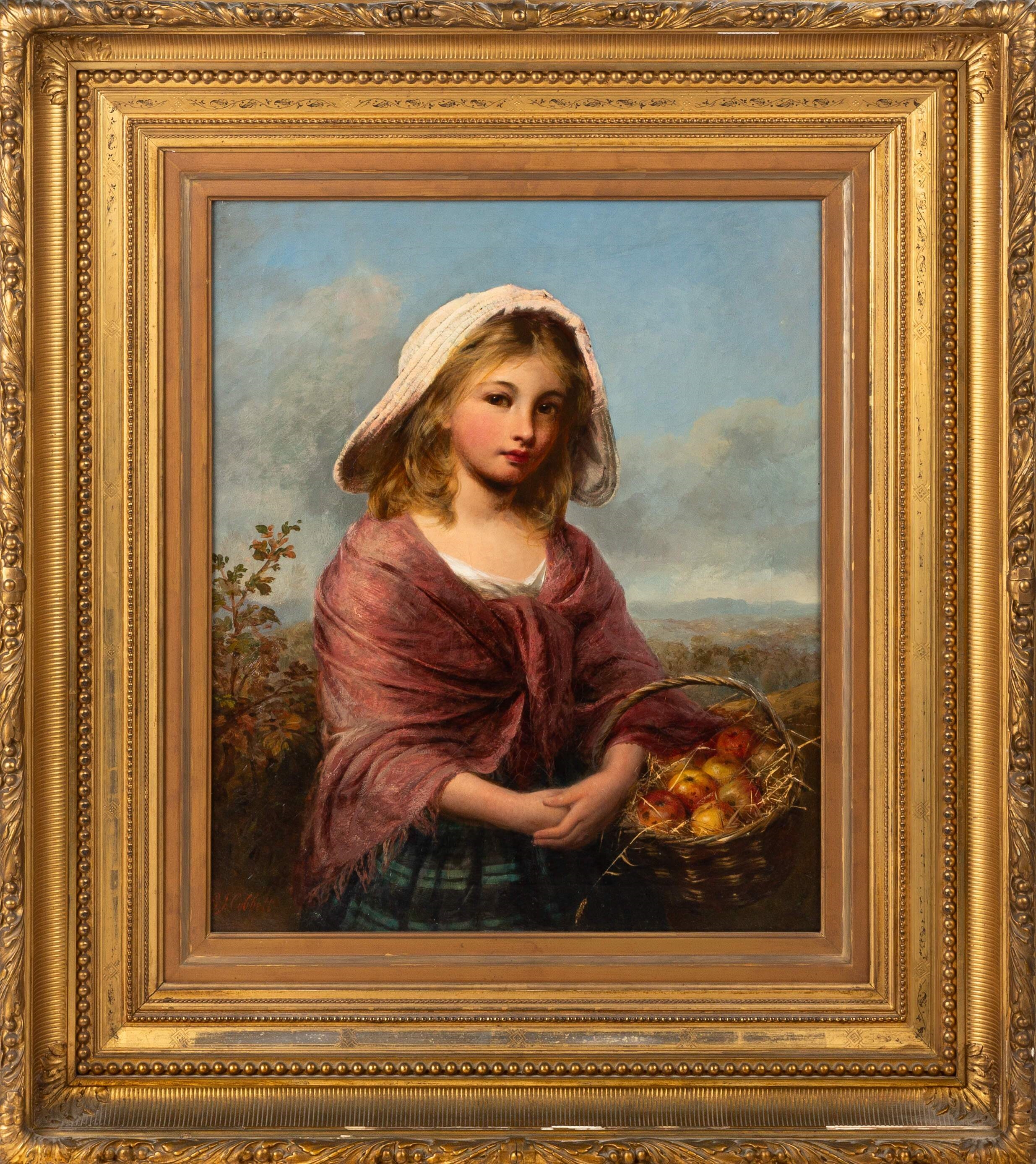 "A classical oil painting of a young girl in a landscape, framed in ornate gold."