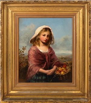 "A classical oil painting of a young girl in a landscape, framed in ornate gold."