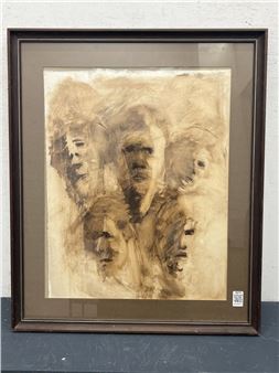 A framed charcoal drawing of five overlapping faces rendered in earthy browns and tans.