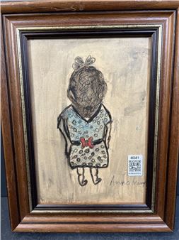 A framed charcoal drawing of a small figure with a patterned dress and bow.