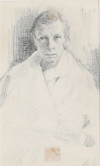 A charcoal sketch of a seated figure in a white coat against a textured background.