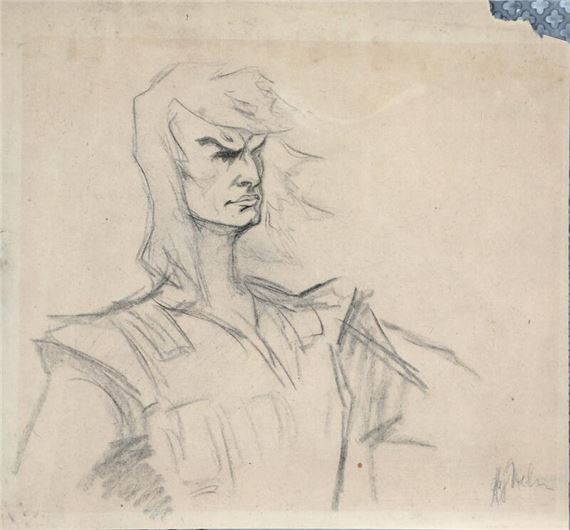 A sketch of a figure with long hair and a hooded garment.