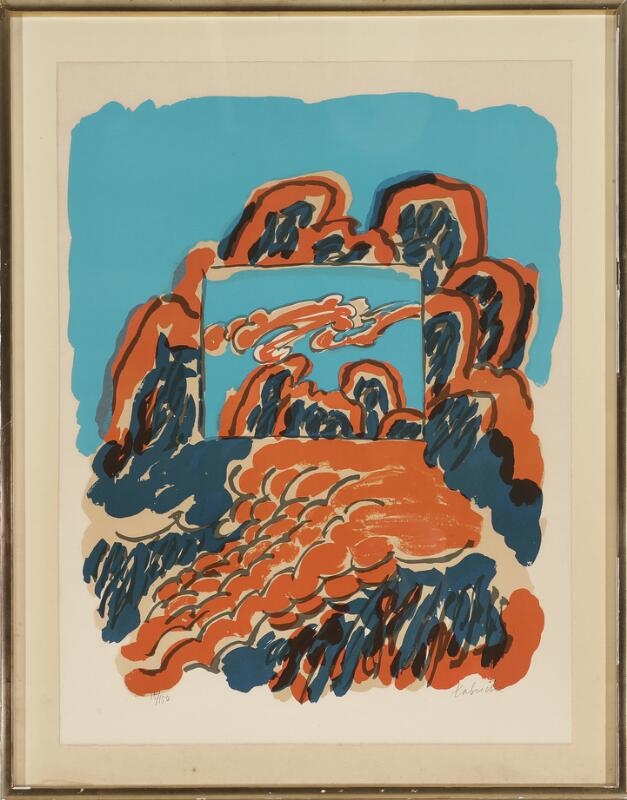 A bold graphic landscape featuring a central window-like frame surrounded by jagged orange and blue forms.