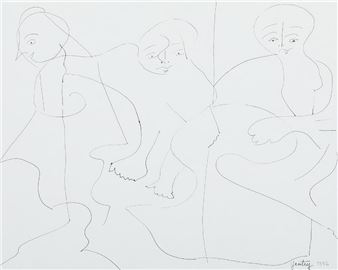 A minimalist line drawing of three abstract figures in a quiet, contemplative scene.