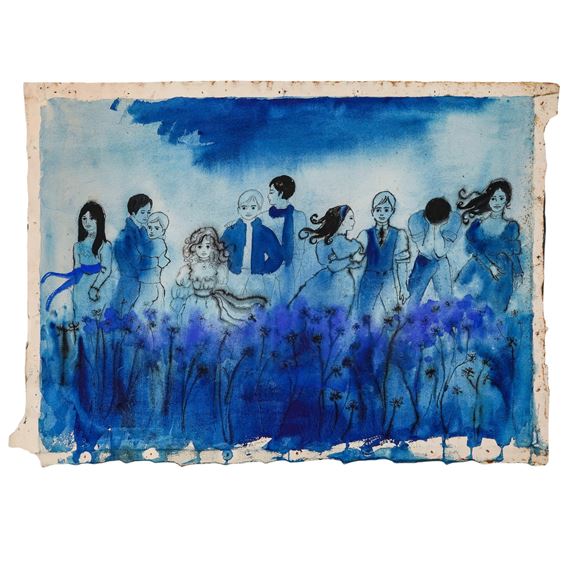 A blue-toned watercolor scene of a group of figures standing among tall plants.