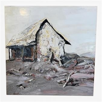 A textured oil painting of a weathered cottage on a rocky shore under an overcast sky.