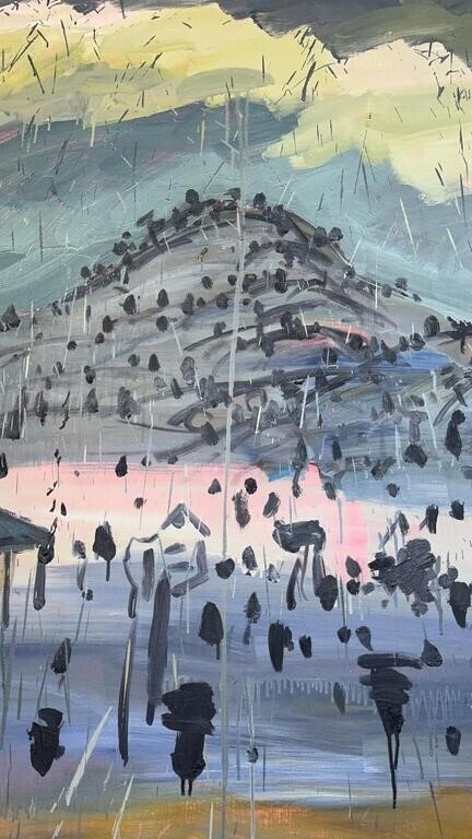 A landscape painting of a coastal town with a mountain and sea, displayed on a wall among other artworks.