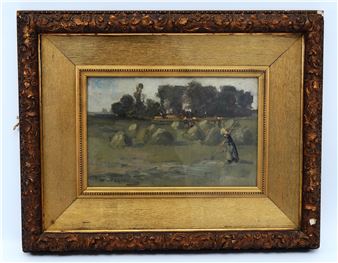 A framed landscape painting depicting a rural scene with a figure in a field.