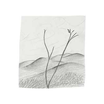 A monochromatic pencil sketch of a barren landscape with two thin, leafless branches rising from rolling hills.
