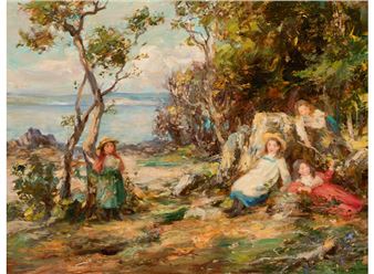 A vibrant Impressionist painting of children playing in a sunlit, rocky landscape.