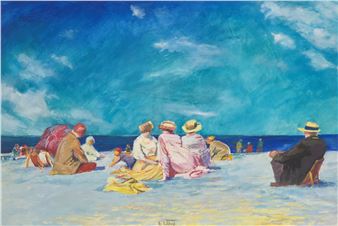 A vibrant beach scene with figures relaxing on the sand under a dramatic sky.