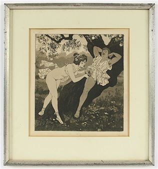 A framed black-and-white illustration of two figures in a garden setting.