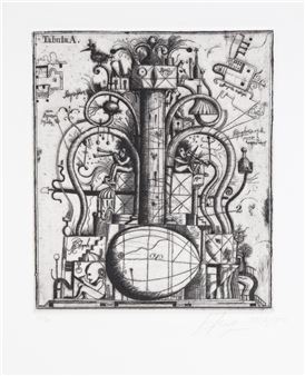 A dense, black-and-white etching filled with mechanical and organic forms.