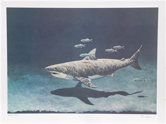 A realistic print of a shark swimming with smaller fish against a deep blue background.