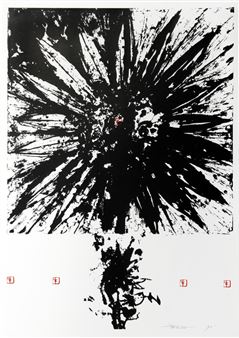A bold black-and-white abstract composition featuring a central explosive burst and a smaller organic form below.