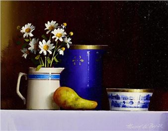 A still life painting featuring a white pitcher with daisies, a blue vase, a pear, and a small bowl against a dark background.