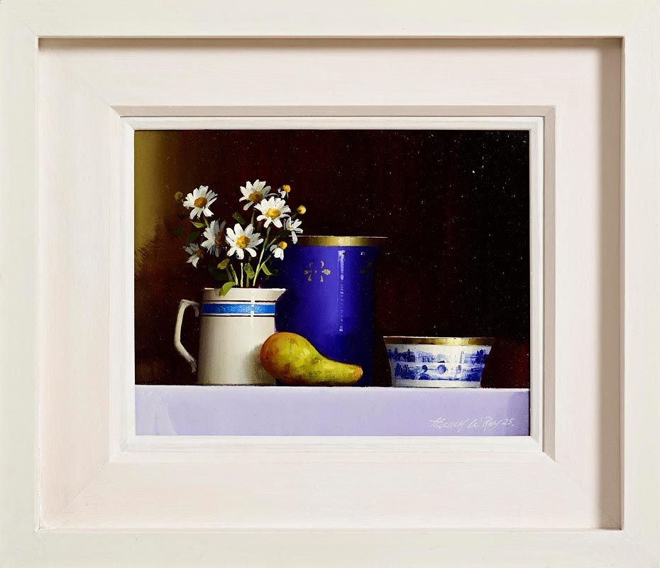 A still life painting featuring a white pitcher with daisies, a blue vase, a pear, and a small bowl against a dark background.