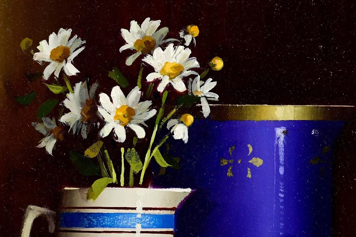 A still life painting featuring a white pitcher with daisies, a blue vase, a pear, and a small bowl against a dark background.