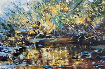 A vibrant impressionist landscape of a sunlit stream reflecting golden autumn foliage.