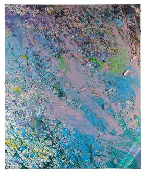 An abstract composition featuring a textured surface with swirling colors and fragmented shapes.