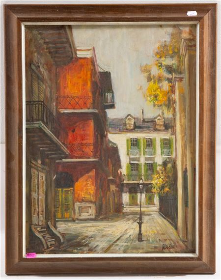 A sun-drenched urban alleyway scene rendered in warm, impressionistic tones.