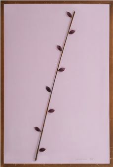 A minimalist composition featuring a single twig with small leaves against a soft pink background.