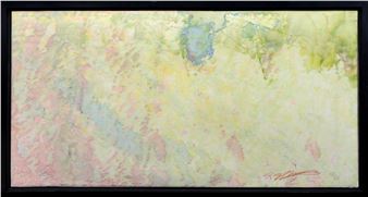 A soft, pastel abstract composition blending watercolor textures with a signature in the corner.