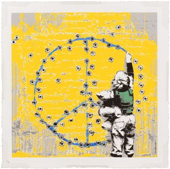 A graphic print of a figure holding a teddy bear in front of a large peace sign.