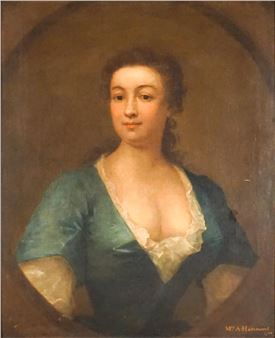 A formal portrait of a woman in an oval frame, wearing a teal dress with white lace.