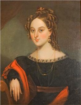 A formal portrait of a woman in a dark dress with ornate jewelry and an updo hairstyle.