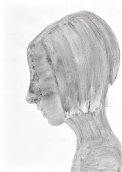 A monochromatic profile study of a head with short hair rendered in textured strokes.