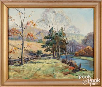 A landscape painting of a rural river scene in autumn, framed by wood.