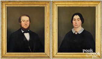 A diptych of formal portraits featuring a bearded man and a woman in dark clothing, framed by gold borders.