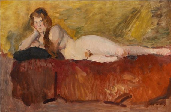 A figure reclines on a sofa in a loose, impressionistic painting.