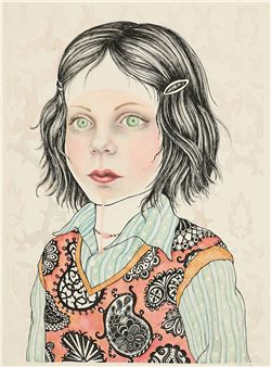 A stylized portrait of a figure with short dark hair, green eyes, and a colorful paisley vest over a striped shirt.