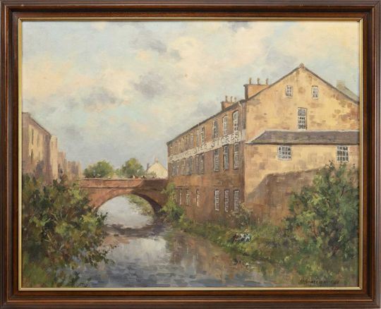 A serene oil painting of a river flowing beneath an arched bridge, flanked by historic stone buildings under a soft sky.