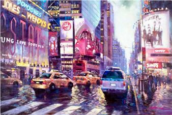 A vibrant, impressionistic painting of a busy city street at night filled with taxis and glowing billboards.