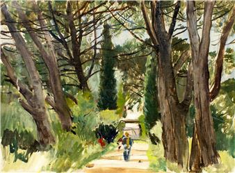 A watercolor landscape of a sunlit tree-lined path with two figures walking away.